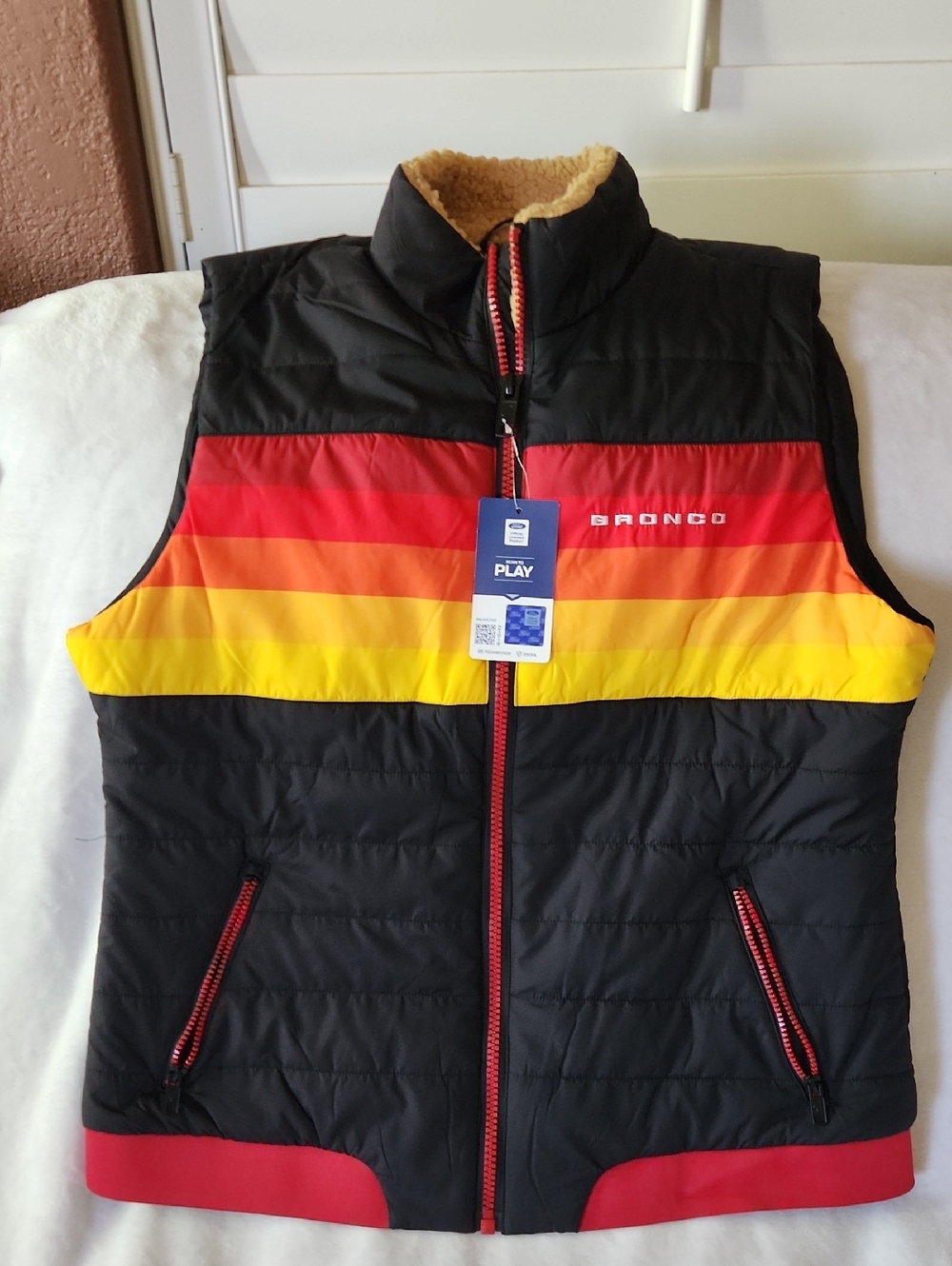 Official Ford Black Puffer Vest with Red, Orange & Yellow Stripes